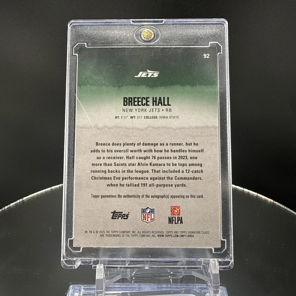 Topps Signature Class 2025 Breece Hall Jets Round 1 Pick 4 Auto #92 /150
